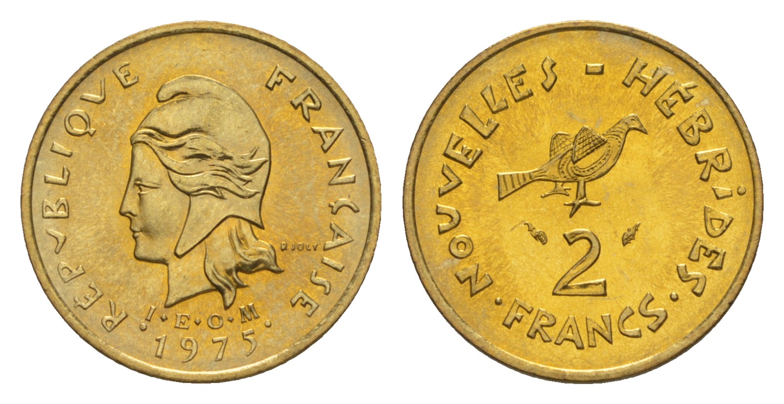 Французские Новые Гебриды 2 франка 1975 заморские территории KM 5.2 никель-латунь  aUNC  4640-848