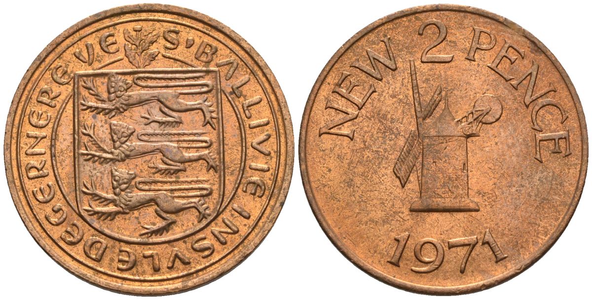 Гернси 2 пенса 1971 Ветряная мельница KM 22 бронза  aUNC  4610-445