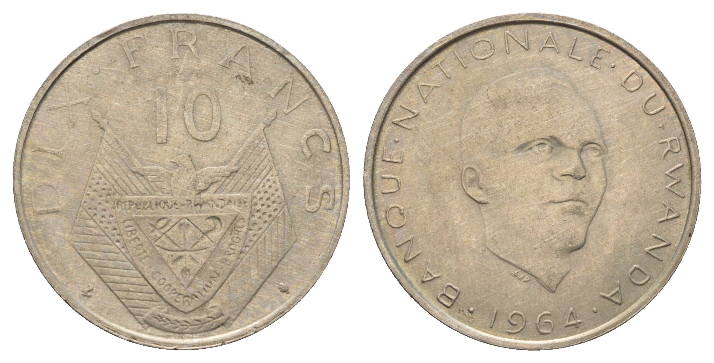 Руанда 10 франков 1964 год-тип, Грегуар Кайибанда KM 7 медно-никель 4672-213