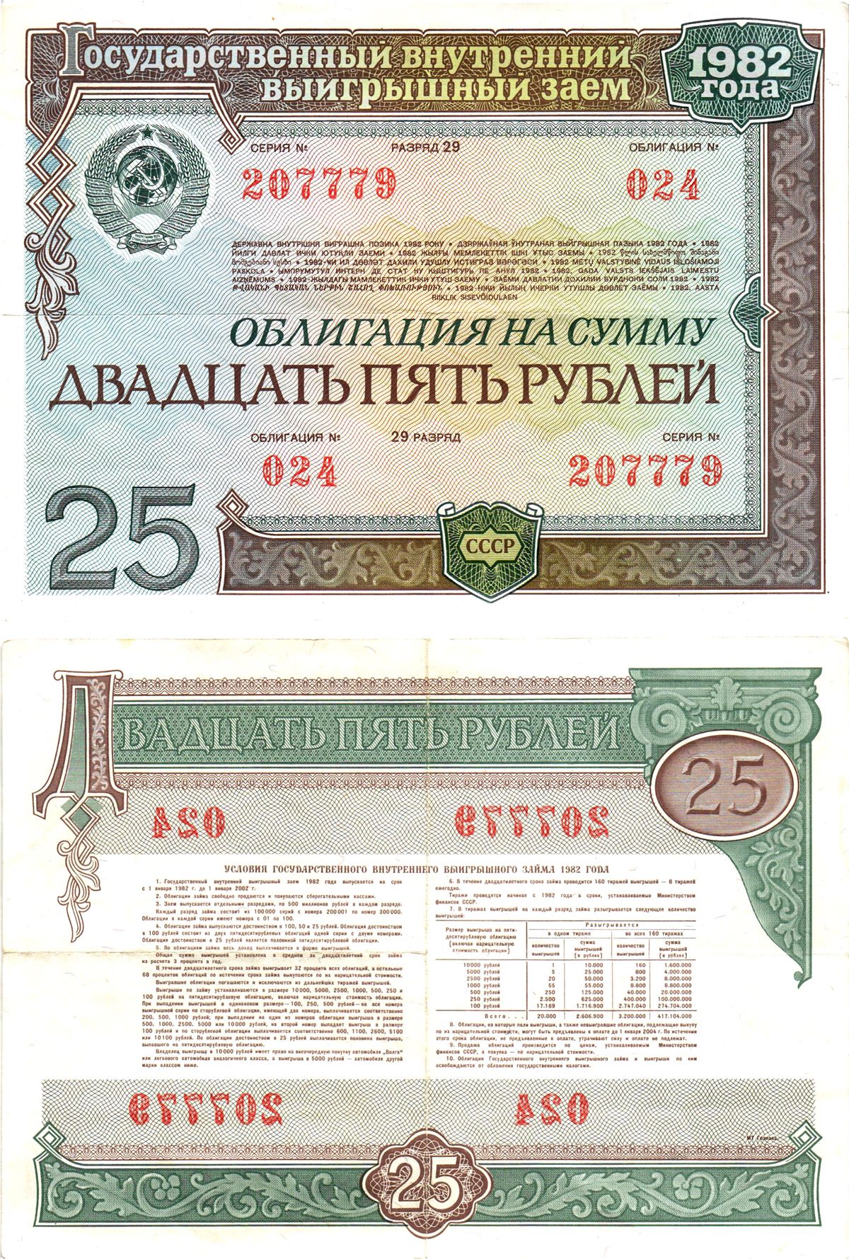 СССР облигация в 25 рублей 1982 государственный внутренний выигрышный заем, разряд 29   бумага   7215-2-1-1