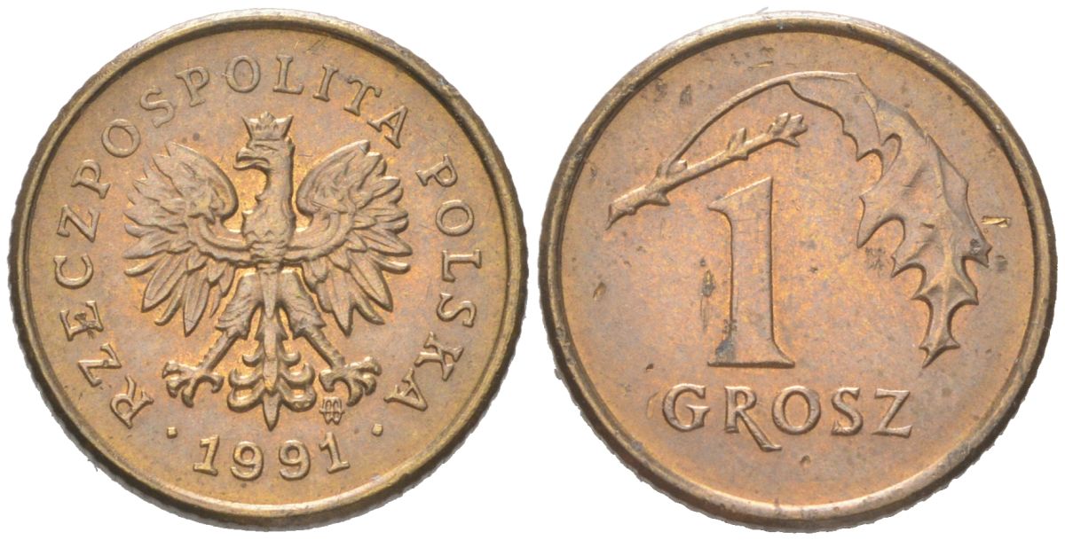 Польша 1 грош 1991 Y 276 марганец латунь UNC 4614-561