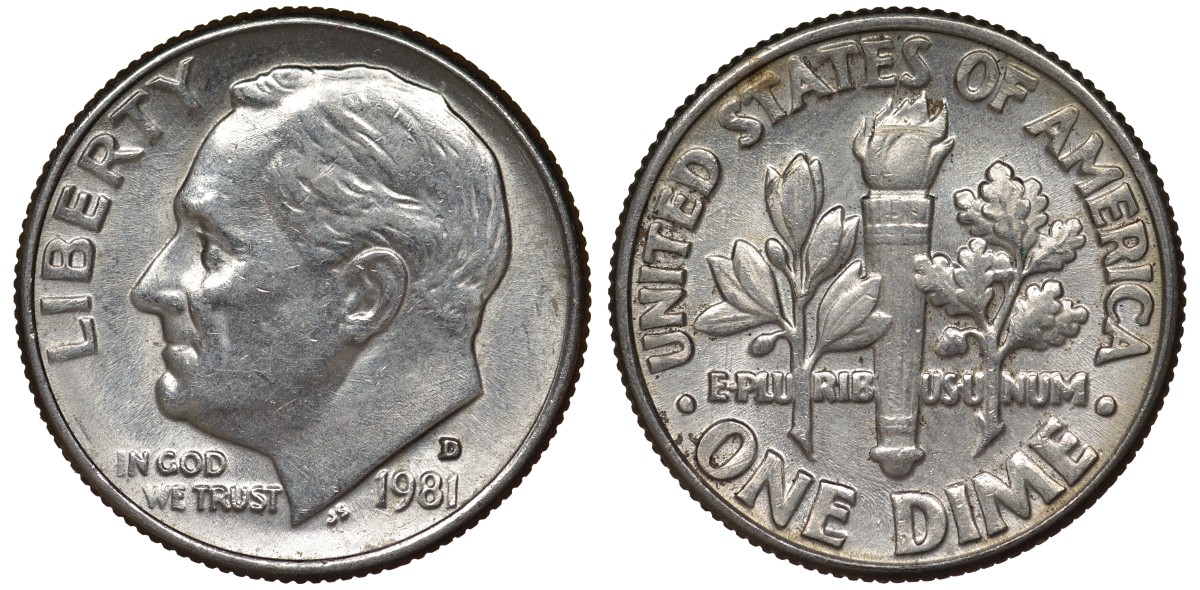 США 10 центов = дайм 1981 D, Рузвельт KM 195а медь плакированная медно-никелем 4124-452