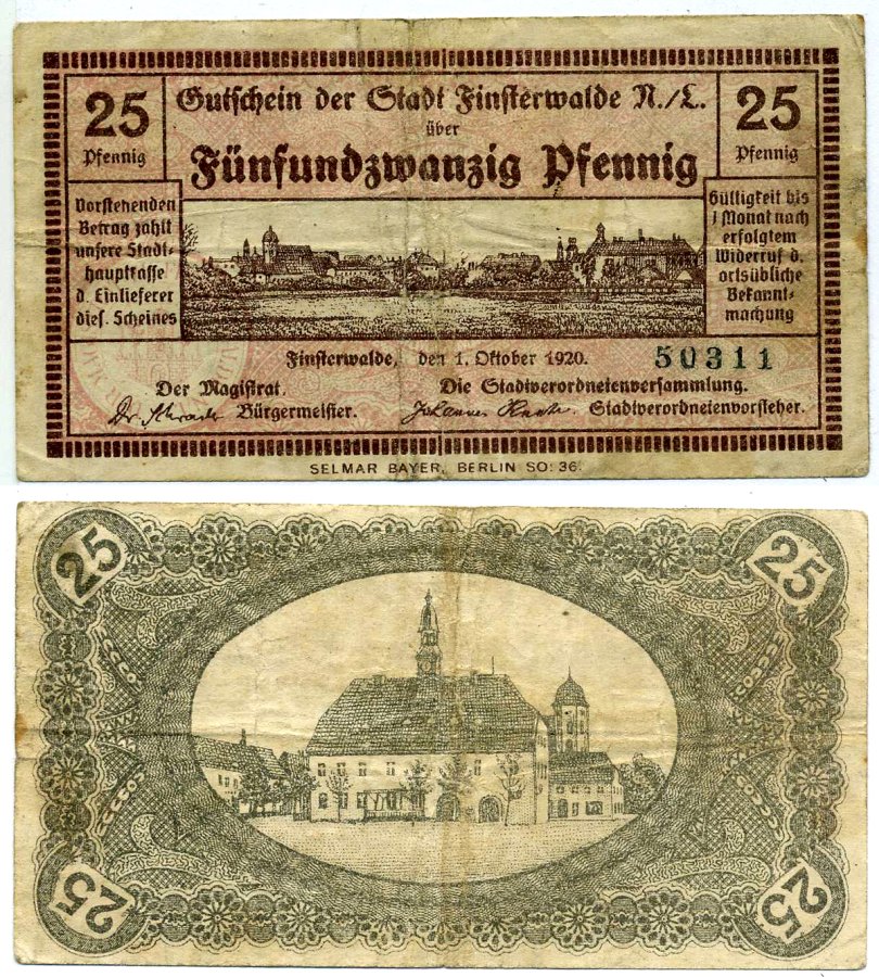Финстервальде 25 пфеннигов 1920 1 октября 1920, нотгельд, земля Бранденбург, пятизначная серия Grabowski F5.4 бумага 2193-22-3-1
