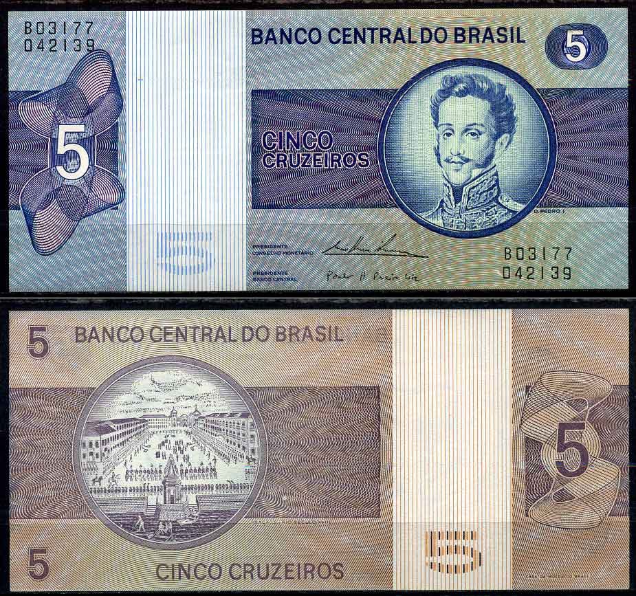 Бразилия 5 крузейро 1974 подпись 18, серия 03177, Педру I, Император Бразильской империи Pick 192 c бумага UNC (пресс) 2197-47-1-1