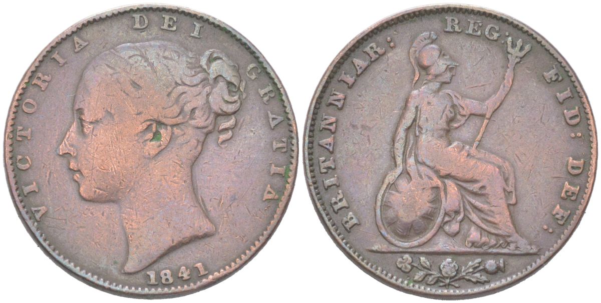 Великобритания 1 фартинг 1841 Виктория (1837-1901) KM 725, Spink 3950 медь 4613-369