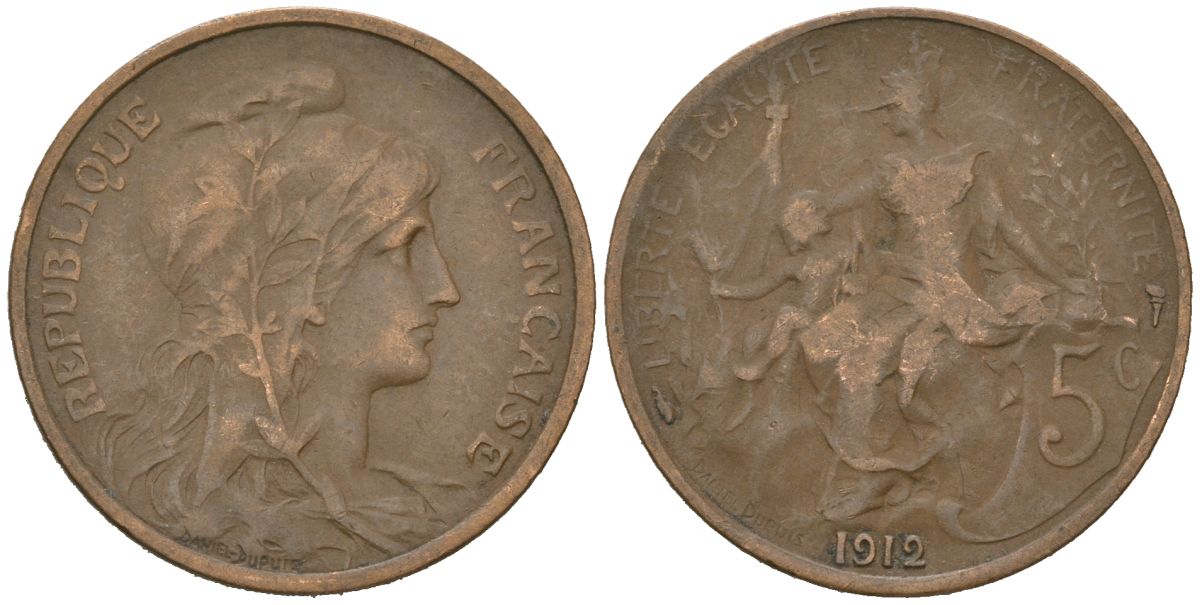 Франция 5 сантимов 1912 тип Дюпюи KM 842 бронза 113-323