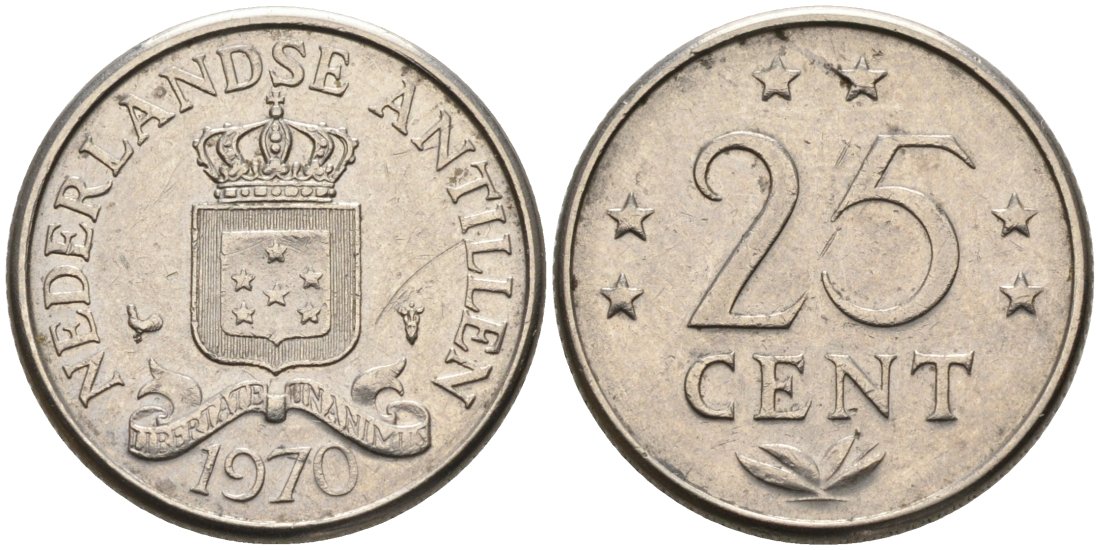 Нидерландские Антилы 25 центов 1970 Юлиана (1948-1980) KM 11 никель 4564-465