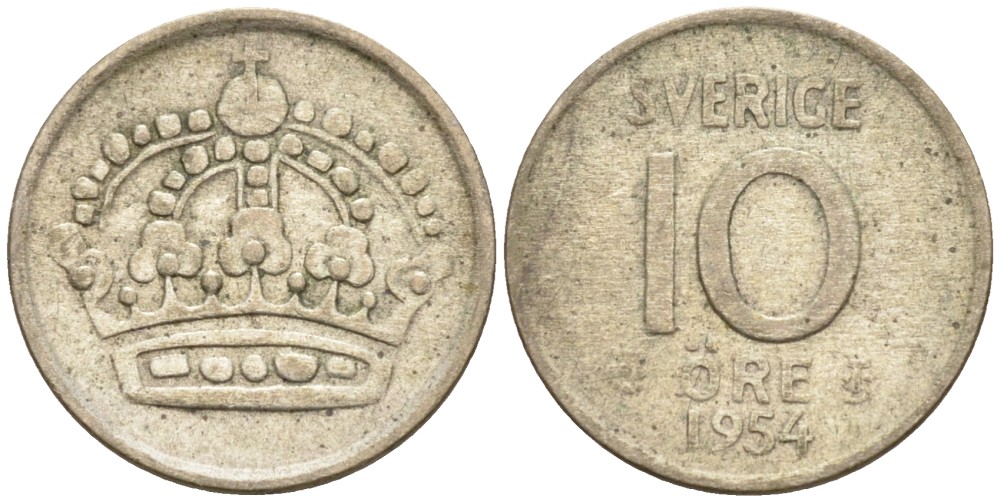 Швеция 10 эре 1954 TS, Густав VI Адольф (1950-1973) KM 823 серебро 192-144