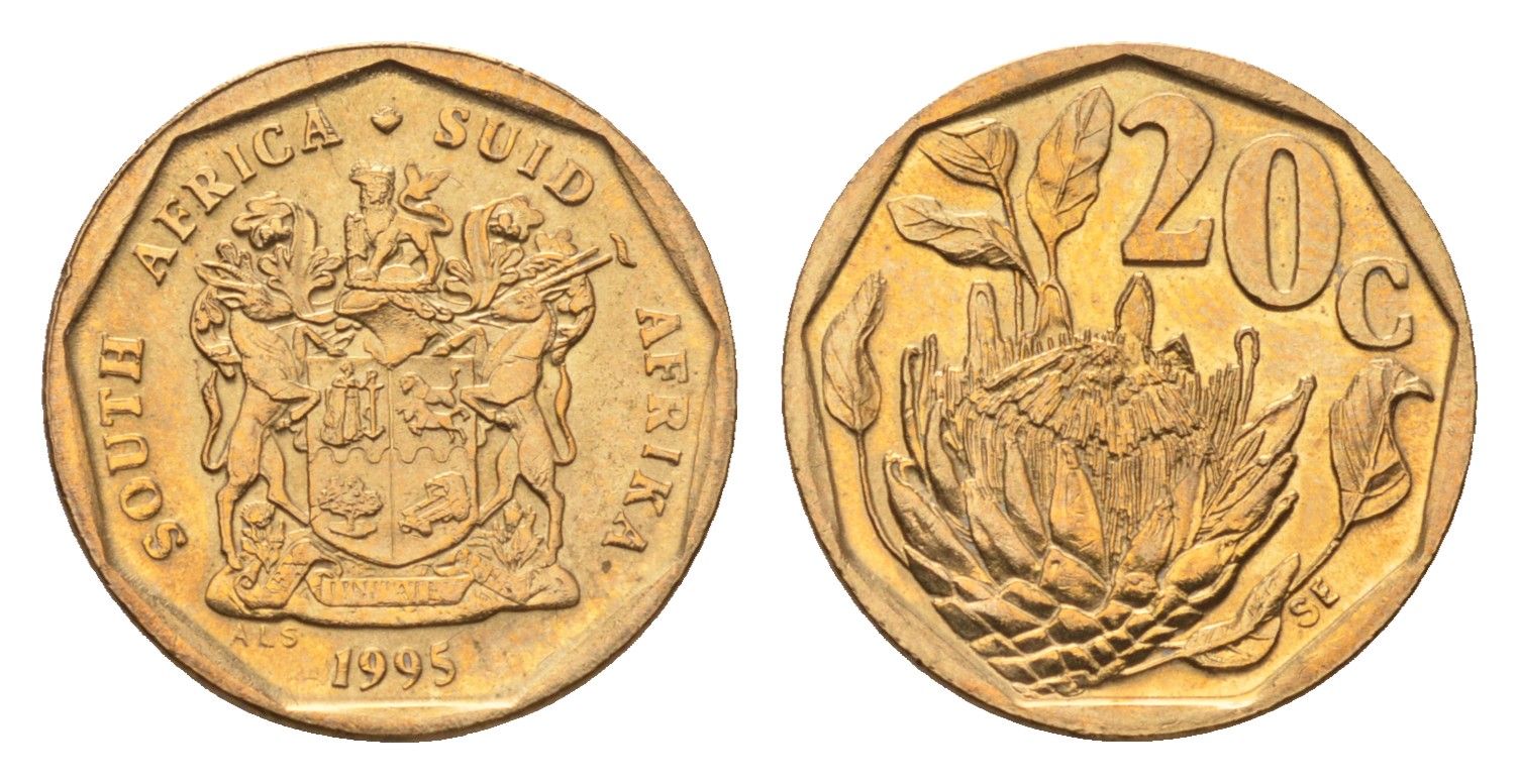 ЮАР 20 центов 1995 герб, цветок протея KM 136 сталь плакированная бронзой UNC 4694-845