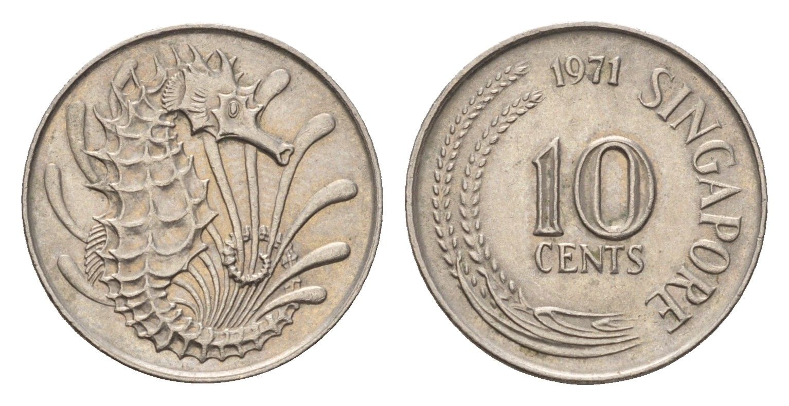 Сингапур 10 центов 1971 морской конек KM 3 медно-никель 4549-1044