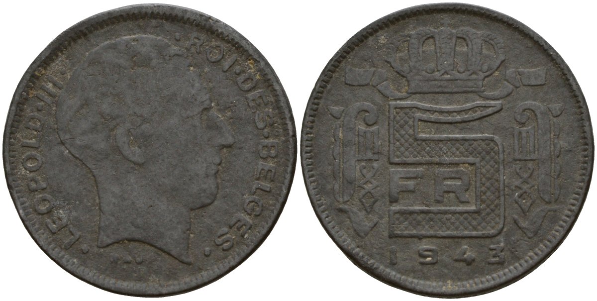 Бельгия 5 франков 1943 DES BELGES, Леопольд III (1934-1947) KM 130 цинк 4161-944