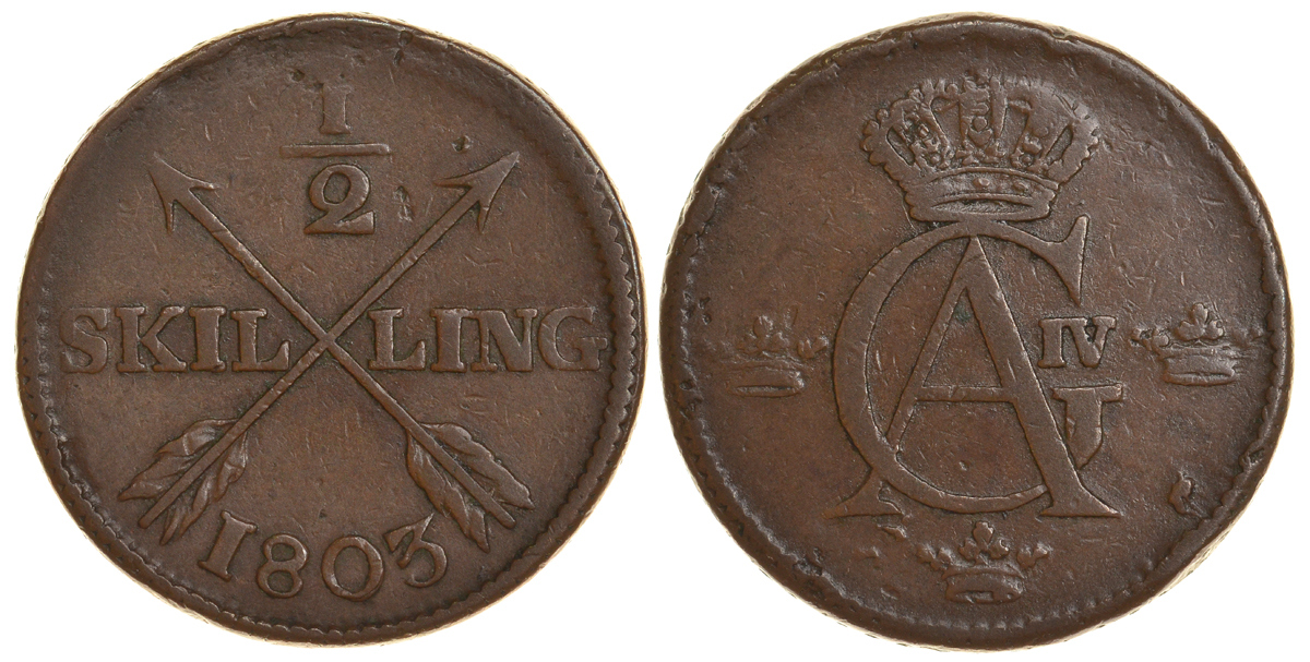 Швеция 1/2 скиллинга 1803 Густав IV Адольф (1792-1809) KM 565 медь 4680-336