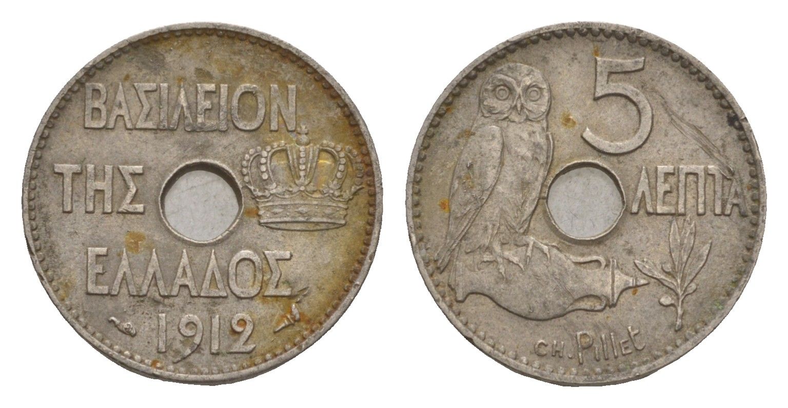 Греция 5 лепт 1912 Георг I (1863-1913), сова KM 62 никель 4655-321