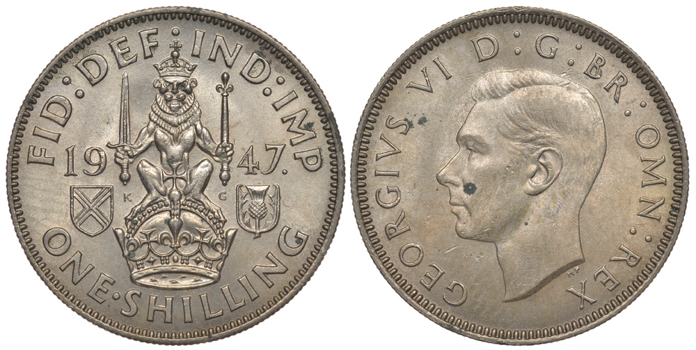 Великобритания 1 шиллинг 1947 Георг VI (1936-1952), Шотландский герб KM 864, Spink 4104 медно-никель UNC 1099-1-53