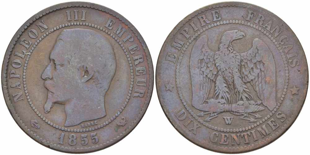 ФРАНЦИЯ 10 САНТИМОВ 1855 W, НАПОЛЕОН III (1852-1870) KM 771.7, LE FRANC 133.31 бронза 38-1046