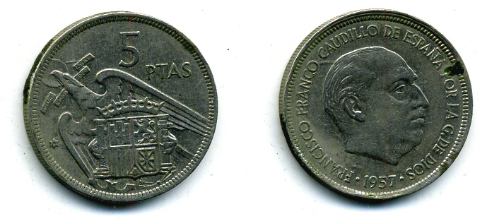Испания 5 песет 1957 (75) Франциско Франко (1939-1975) KM 786 медно-никель 56-927