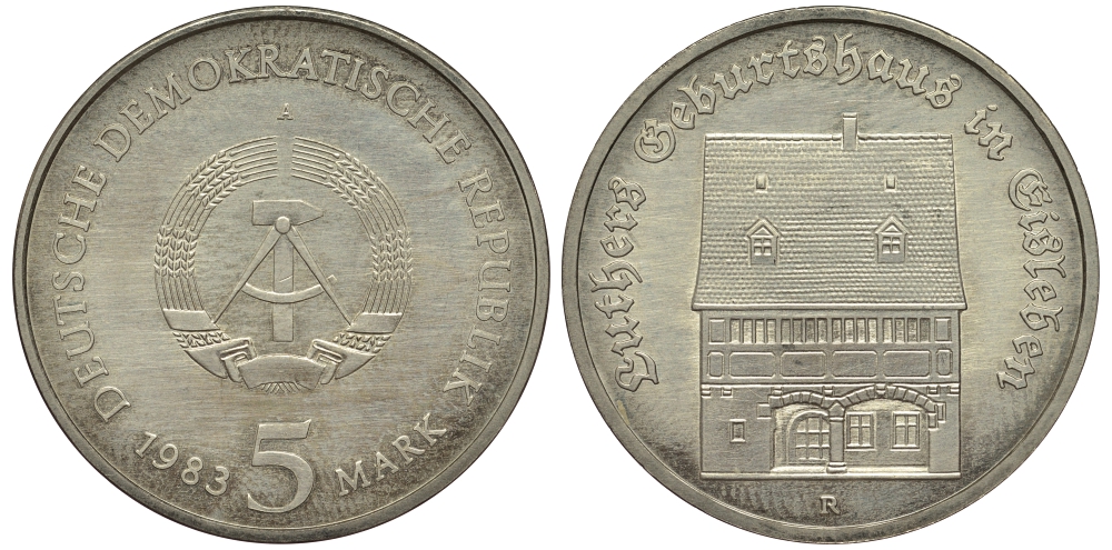 ГДР 5 марок 1983 А, Мартин Лютер, дом рождения в Айслебене KM 90, J. 1590 медно-никель UNC 413-6741