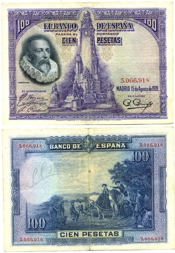 Испания 100 песет 1928 Мигель де Сервантес Сааведра, памятник Сервантесу, картина Дон Кихот Pick 76 а бумага 7484-7-1