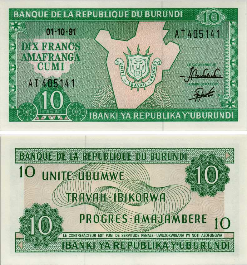 Бурунди 10 франков 1991 карта Бурунди Pick 33b бумага UNC (пресс) 7523-36-3-2