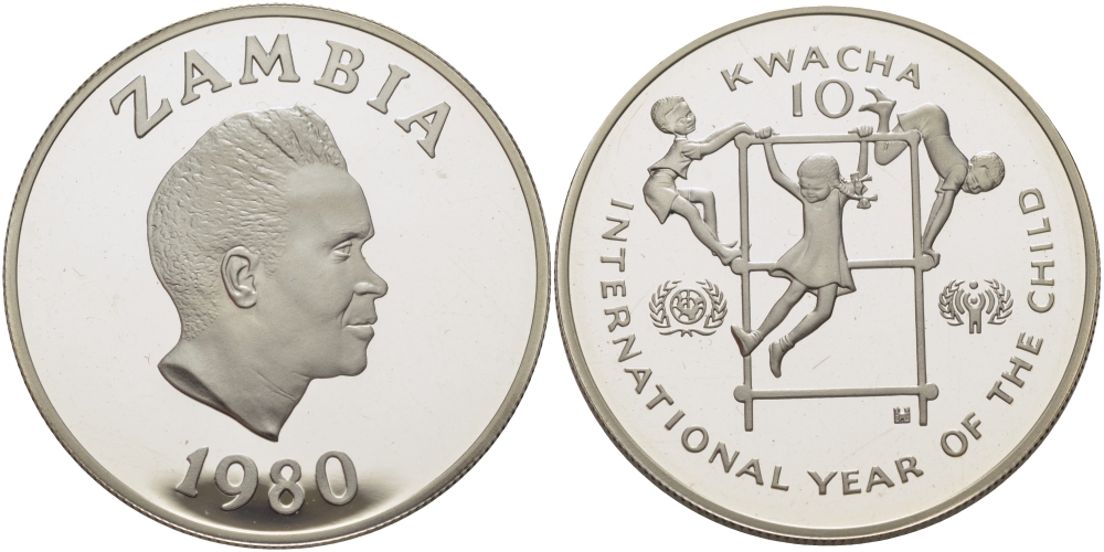 Замбия 10 квача 1980 международный год детей, президент Каунда KM 21 серебро PROOF 02-208-11
