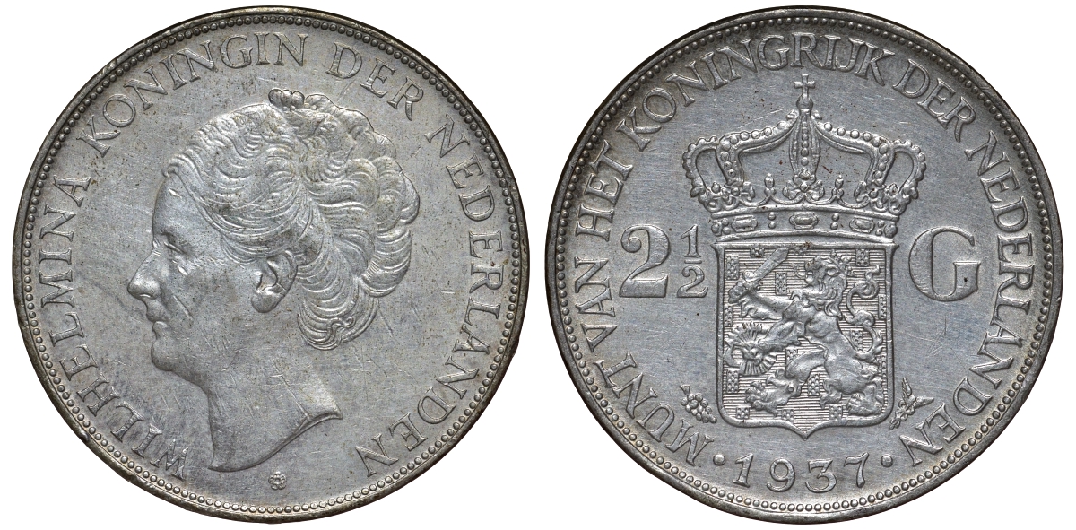 Нидерланды 2 1/2 гульдена 1937 Вильгельмина I (1890-1948) KM 165 серебро    1530-1044
