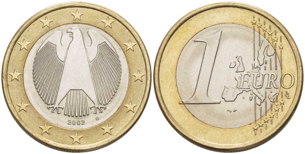 ФРГ 1 евро 2002 G KM 213 биметалл UNC 210-547