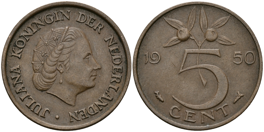 НИДЕРЛАНДЫ 5 ЦЕНТОВ 1950 ЮЛИАНА KM 181 бронза 95-241