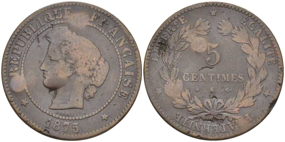 Франция 5 сантимов 1875 К, третья республика (1871-1940) KM 821.2, LE FRANC 118.13 бронза 4395-254