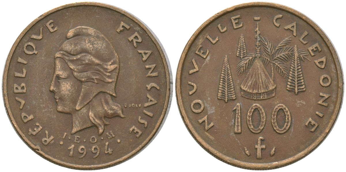 Французская Новая Каледония 100 франков 1994 хижина среди сосен и пальм, (IEOM) KM 15, Schoen 16, Lec 138 никель латунь 4140-744