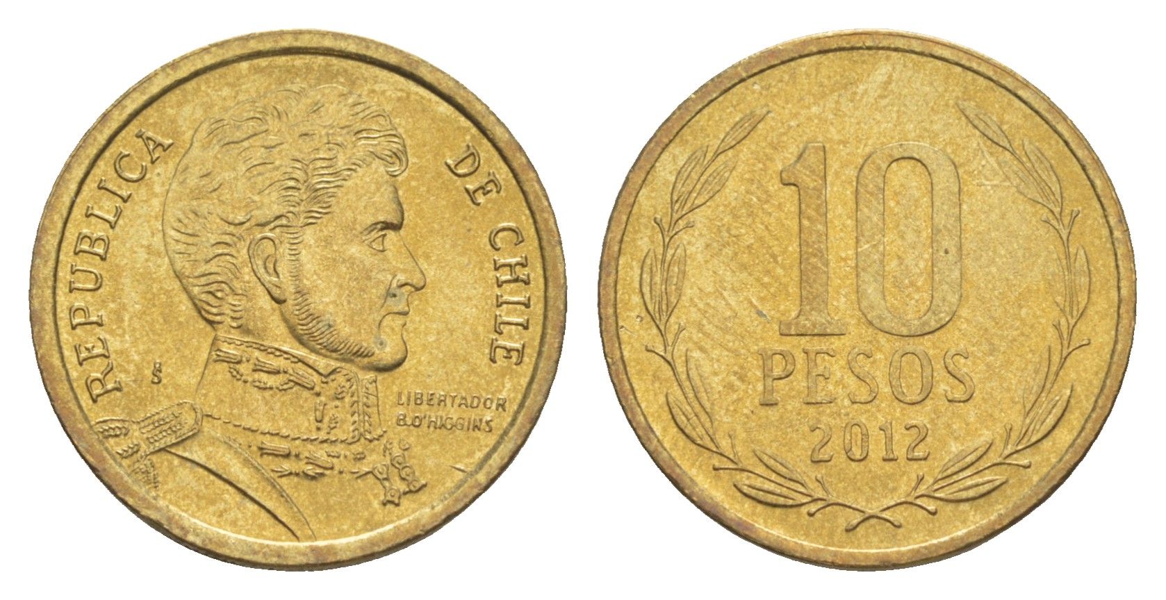 Чили 10 песо 2012 KM 228 никель латунь UNC 4640-1059