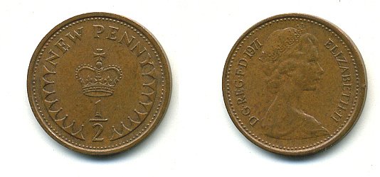 Великобритания 1/2 пенни 1971 Елизавета II (1952-2022) КМ 914, Spink 4239 бронза 4110-1621