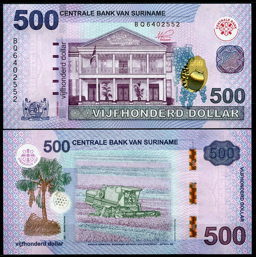 Суринам 500 долларов 2024 здание Центрального банка, пальма Морише, рисоуборочный комбайн Pick 166B  бумага  UNC (пресс) 451-760-3