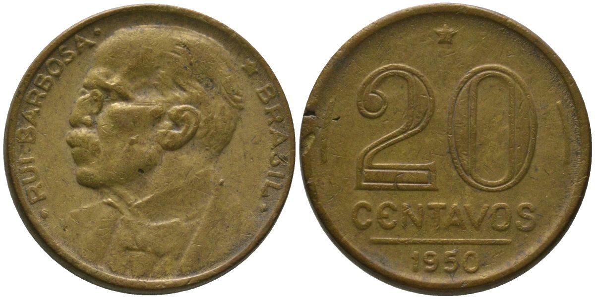 Бразилия 20 сентаво 1950 Руй Барбоза ди Оливейра KM 562, Schon 66 алюминиевая бронза 4567-838