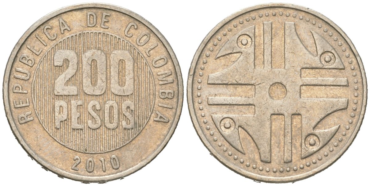 Колумбия 200 песо 2010 KM 287 медь цинк никель 4616-1222