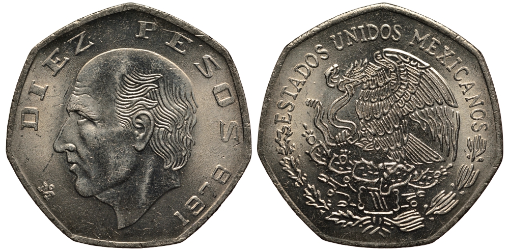 МЕКСИКА 10 ПЕСО 1978 МАНУЭЛЬ ХИДАЛЬГО КАСТИЛЬЯ KM 477.2 медно-никель aUNC 215-946