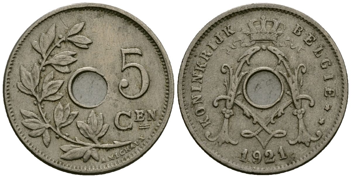 Бельгия 5 сантимов 1921 Belgie KM 67 медно-никель 4173-229