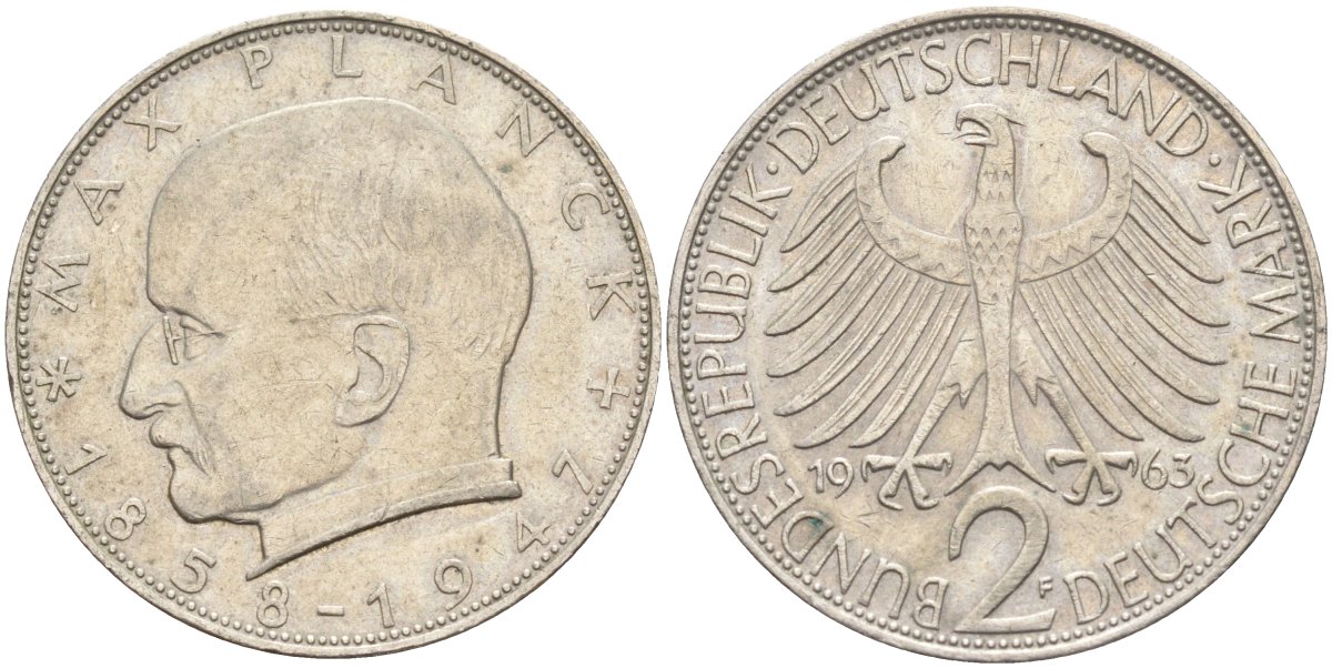 ФРГ 2 марки 1963 F , Макс Планк KM 116, J. 392 медно-никель плакированный никелем 4139-144