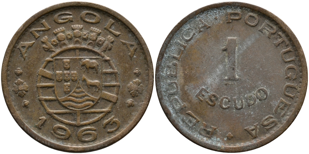 Португальская Ангола 1 эскудо 1963 KM 76 бронза 33-932