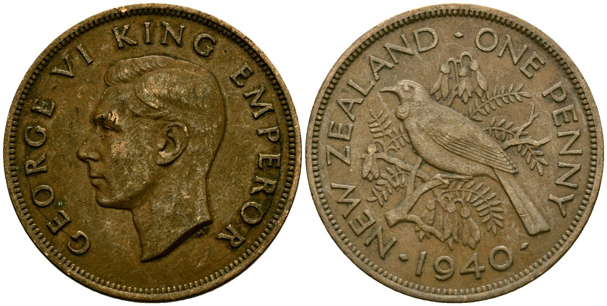 Новая Зеландия 1 пенни 1940 Георг VI (1936-1952), новозеландский туи KM 13 бронза 4165-1141