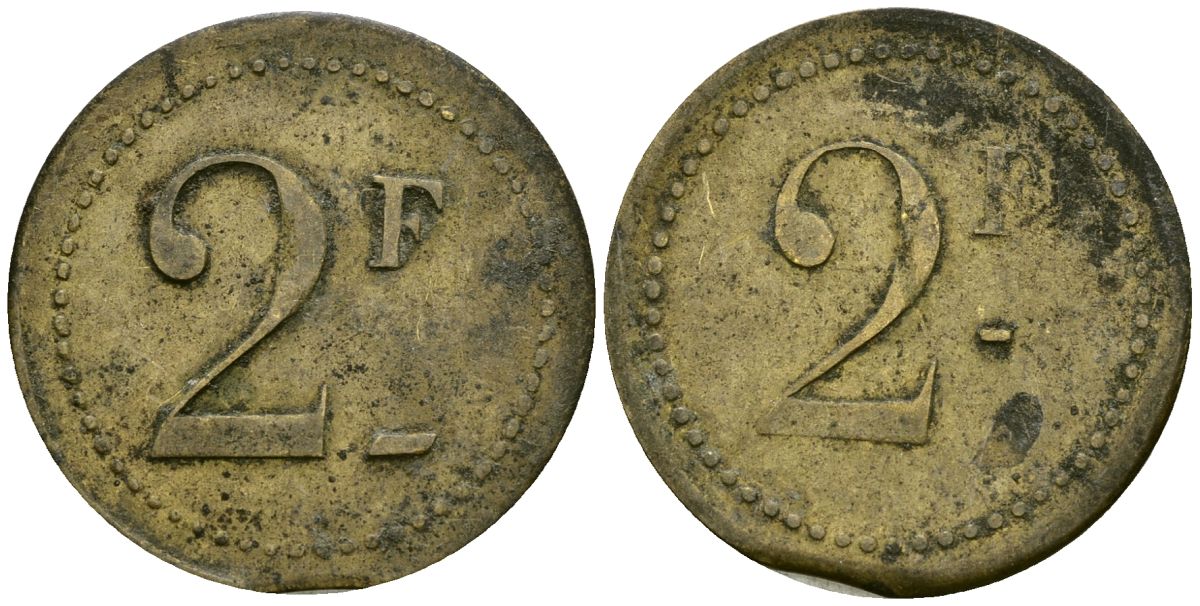 Франция 2 франка XIX-XX век ресторанный жетон латунь 4166-951