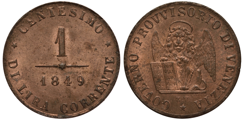 ВЕНЕЦИЯ 1 ЧЕНТЕЗИМО 1849 ZV KM 181, J. 274 медь aUNC 02-264-22
