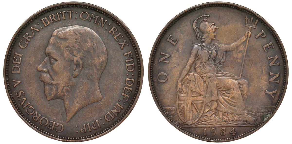 Великобритания 1 пенни 1934 Георг V (1910-1936) KM 838, Spink 4055 бронза 4123-1034