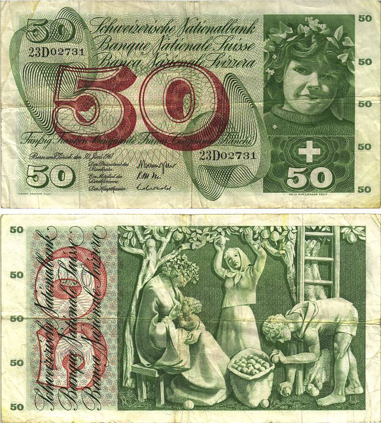 Швейцария 50 франков 1967 30 июня 1967, серия 23 D, подпись 44 Pick 48 g бумага 8606-17-2-1