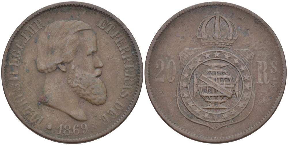 Бразилия 20 рейсов 1869 Педро II (1831-1889) KM 474 бронза 4529-446