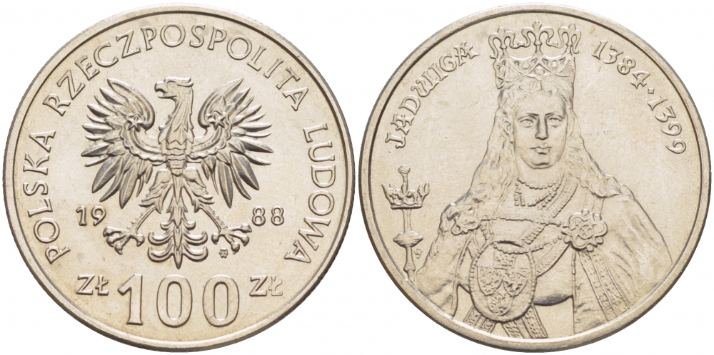 Польша 100 злотых 1988 MW, серия Польские правители, королева Ядвига (1384-1399) KM 183 медно-никель 4517-845