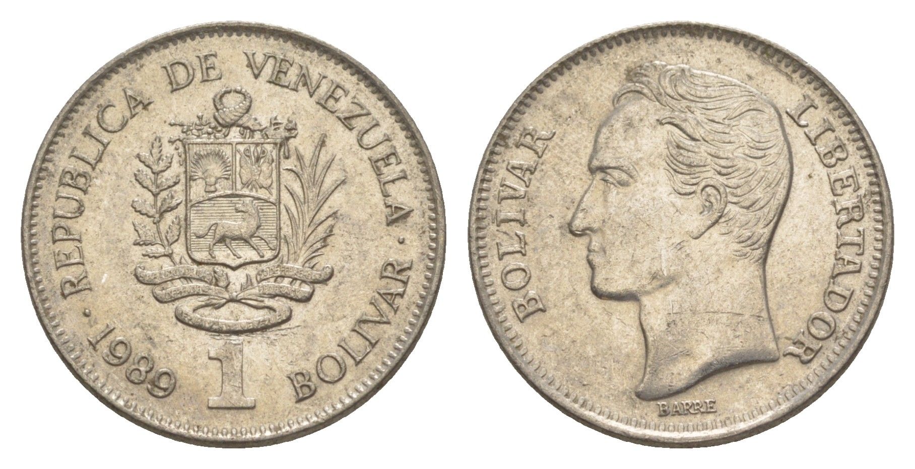 Венесуэла 1 боливар 1989 Симон Боливар, толстый шрифт Y 52a.2 сталь плакированная никелем 4589-126