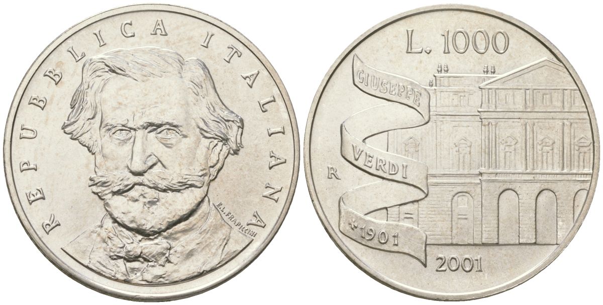 Италия 1000 лир 2001 R, 100 лет со дня смерти Джузеппе Верди KM 236 серебро BU 4367-1146