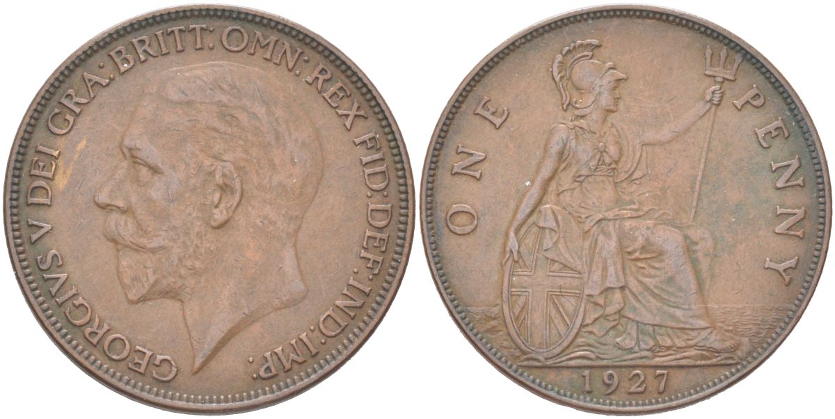 Великобритания 1 пенни 1927 Георг V (1910-1936) KM 826, Spink 4054 бронза 4162-546