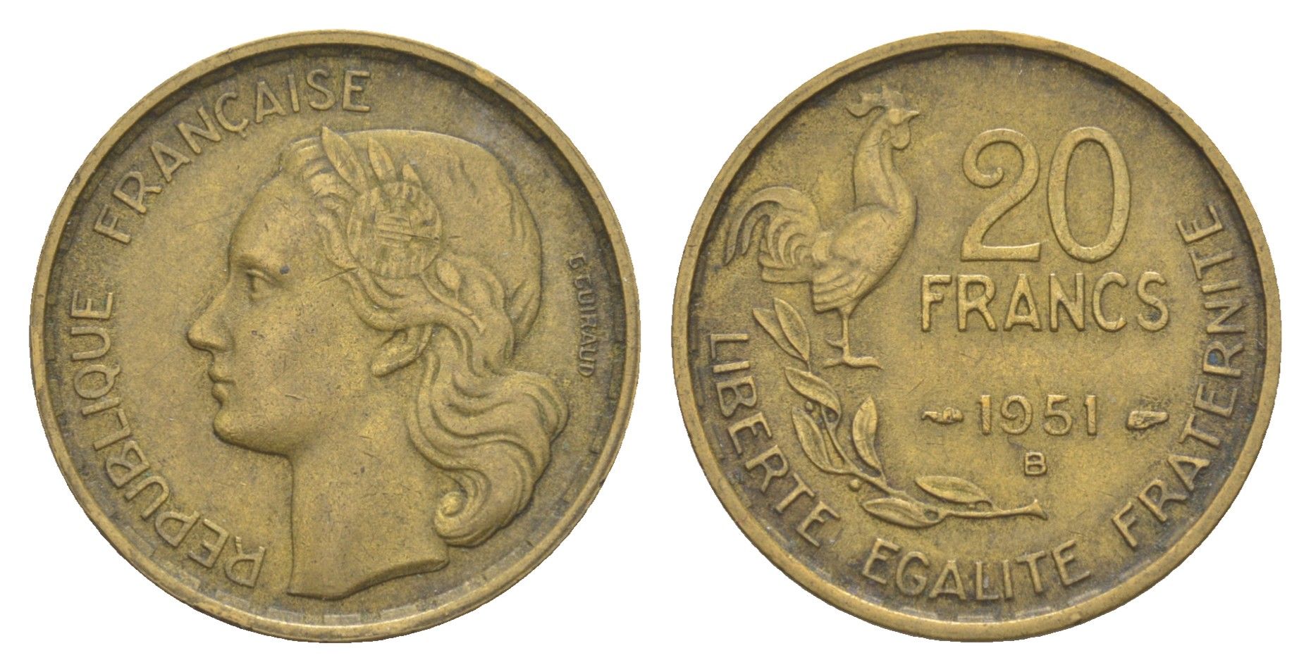 Франция 20 франков 1951 B KM 917.2, Le Frank 402.8 алюминиевая бронза 4563-457