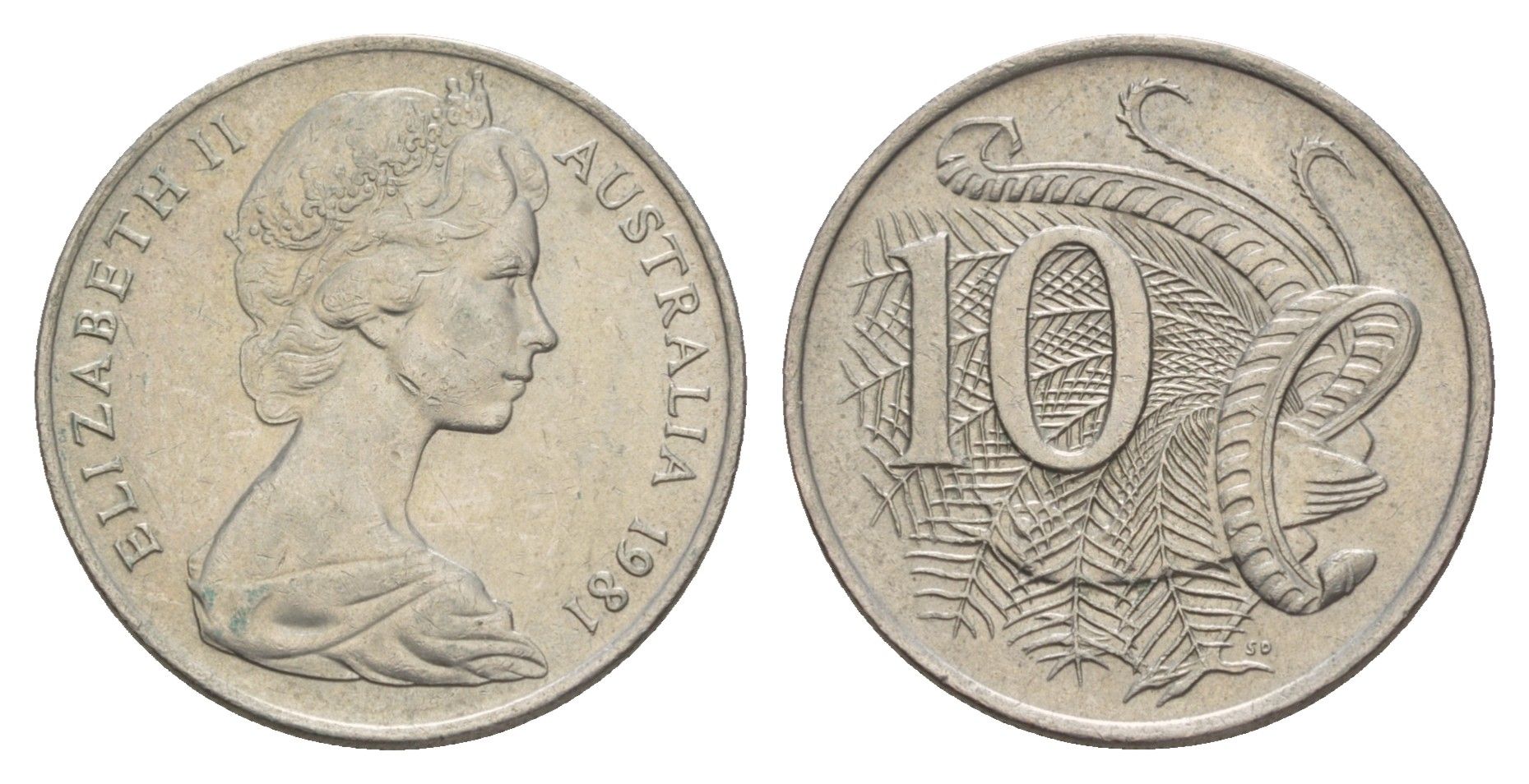 Австралия 10 центов 1981 Елизавета II (1952-2022), птица лирахвост KM 65 медно-никель aUNC 4657-145